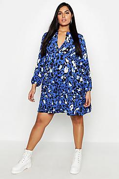 Boohoo Plus Blue Leopard Smock Dress