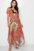 Boohoo Brooke Scarf Print Ring Detail Beach Maxi Kimono