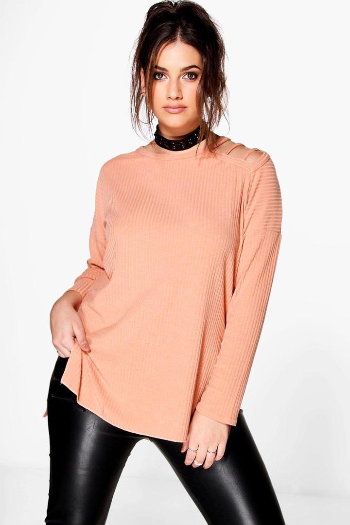 Boohoo Plus Elsa Knitted Rib Shoulder Detail Jumper Sand