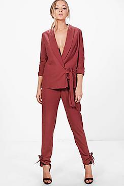 Boohoo Saskia Side Tie Hem Tailored Woven Trouser