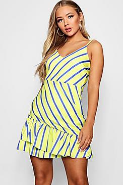 Boohoo Izabella Ruffle Hem Striped Tea Dress