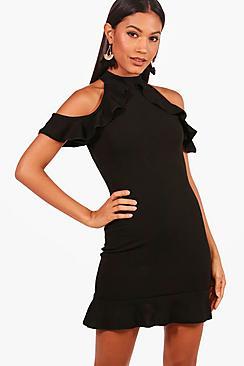 Boohoo Mia Ruffle Cold Shoulder Bodycon Dress