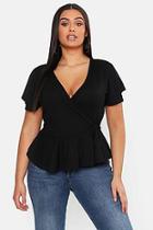 Boohoo Plus Rib Wrap Cap Sleeve Peplum Top