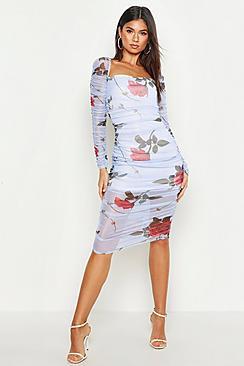 Boohoo Floral Mesh Overlay Rouche Midi Dress