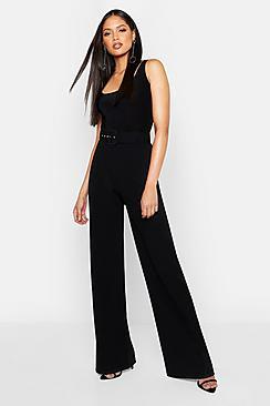 Boohoo Tall Self Fabric Belted Wide Leg Trouser