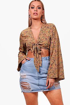 Boohoo Plus Lena Tie Front Paisley Top