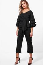Boohoo Amelia Frill & Tie Crop With Woven Trouser Co-ord Black