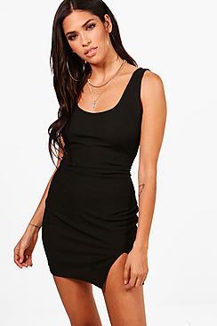 Boohoo Katy Ribbed Square Neck Split Strappy Bodycon Dress