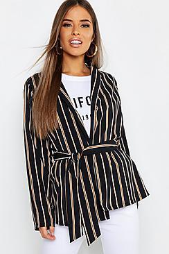 Boohoo Petite Belted Stripe Woven Longline Blazer