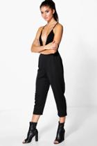 Boohoo Neve Wrap Front Textured Matte Satin Trousers Black