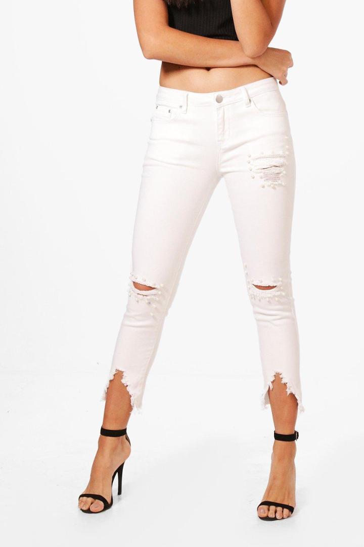 Boohoo Lois Pearl Detail Distressed Skinny Jeans White