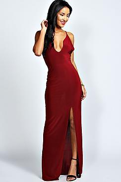 Boohoo Plunge Neck Front Split Maxi Dress