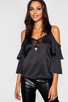 Boohoo Lace Insert Heavy Satin Cold Shoulder Top