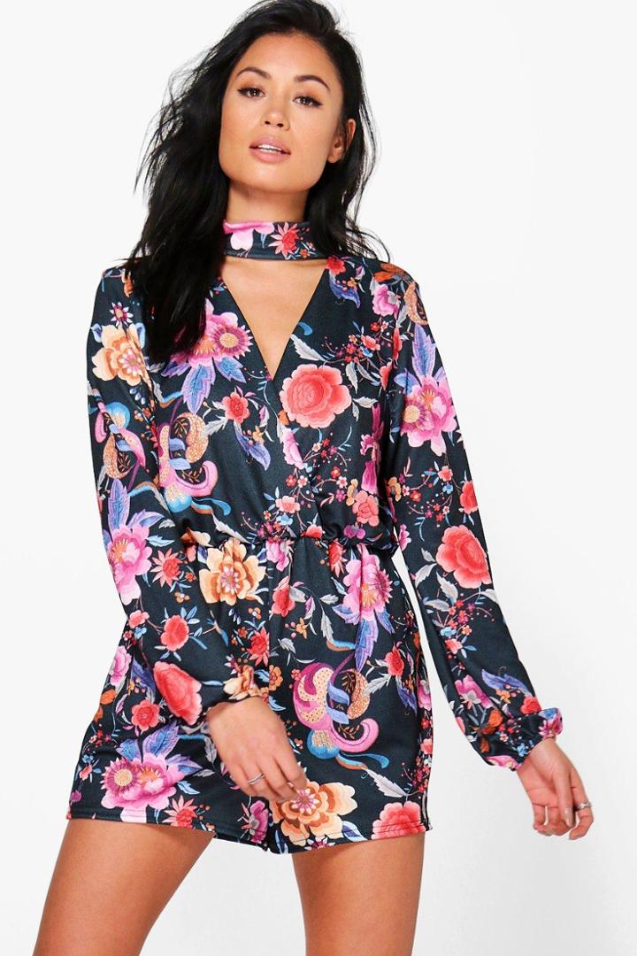 Boohoo Katie Floral Choker Long Sleeved Playsuit Multi