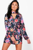 Boohoo Katie Floral Choker Long Sleeved Playsuit Multi