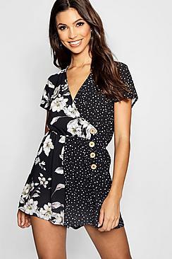 Boohoo Spliced Floral Polka Dot Wrap Button Playsuit