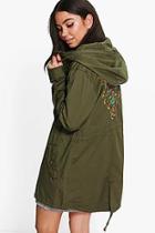Boohoo Keira Hooded Parka With Back Embroidery