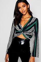 Boohoo Knot Front Stripe Woven Blouse