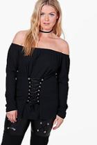 Boohoo Plus Harriet Bardot Rib Lace Up Top