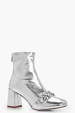 Boohoo Olivia Metallic Pu Embellish Trim Block Heel Boots