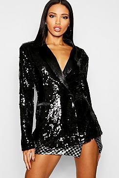 Boohoo Sequin Satin Lapel Blazer