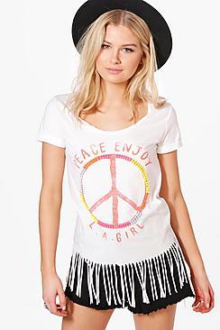 Boohoo Lily Beaded Peace Slogan Fringed T-shirt