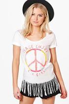 Boohoo Lily Beaded Peace Slogan Fringed T-shirt