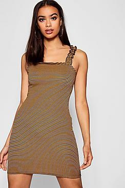 Boohoo Check Ruffle Strap Square Neck Bodycon Dress