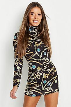 Boohoo Petite Chain Print Turtleneck Bodycon Dress