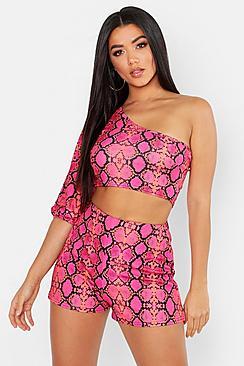 Boohoo Snake Print One Shoulder Top & Short Co-ord