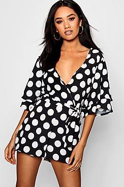Boohoo Petite Ruffle Sleeve Polka Dot Playsuit