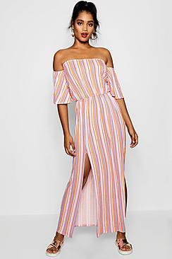 Boohoo Ava Off The Shoulder Striped Split Maxi Dress
