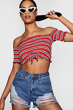 Boohoo Avery Stripe Lettuce Knot Front Bardot Crop