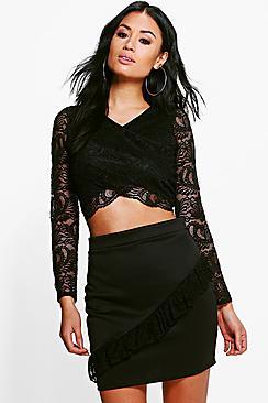 Boohoo Darcy Lace Ruffle Front Mini Skirt