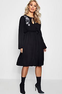 Boohoo Plus Lindsey Embroidered Fluted Sleeve Midi Dress