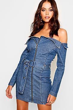 Boohoo Off The Shoulder Denim Bodycon Dress