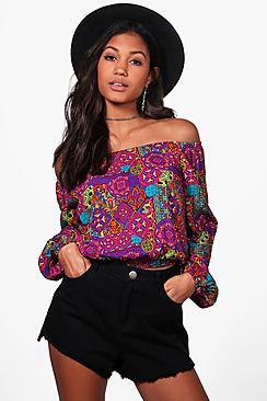 Boohoo Scarlett Printed Blason Sleeve Bardot Top