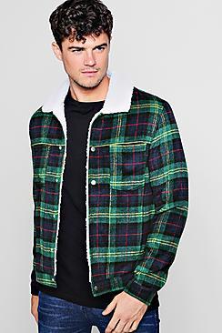 Boohoo Check Wool Look Jacket With Borg Collar