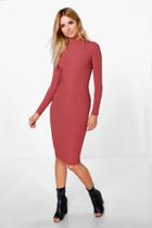 Boohoo Flo Ribbed High Neck Long Sleeved Midi Dress Chestnut