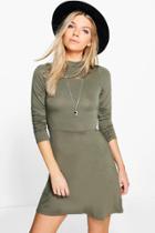 Boohoo Layla Turtleneck Skater Dress Khaki