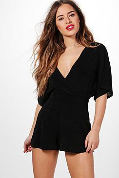 Boohoo Petite Lorna Textured Slinky Kimono Wrap Playsuit