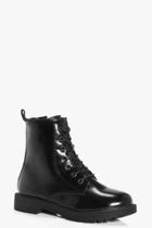 Boohoo Robyn Patent Lace Up Hiker Boot Black