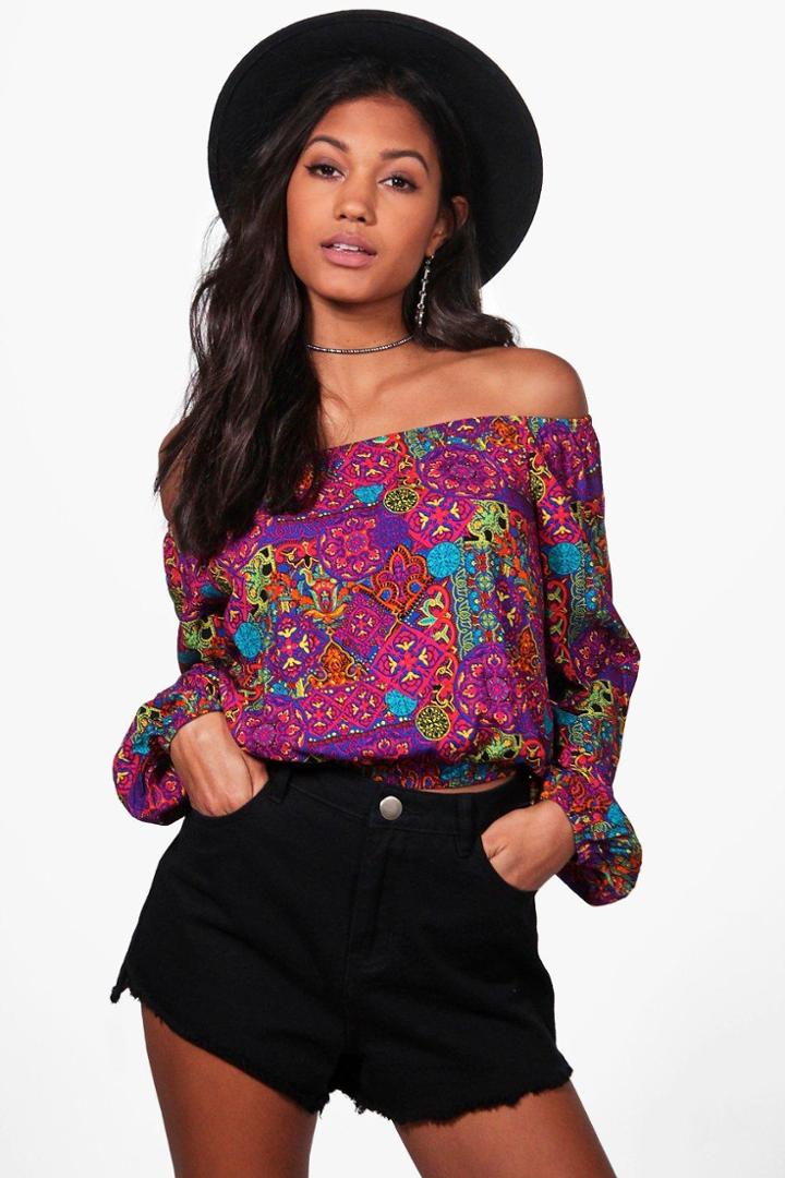 Boohoo Scarlett Printed Blason Sleeve Bardot Top Purple