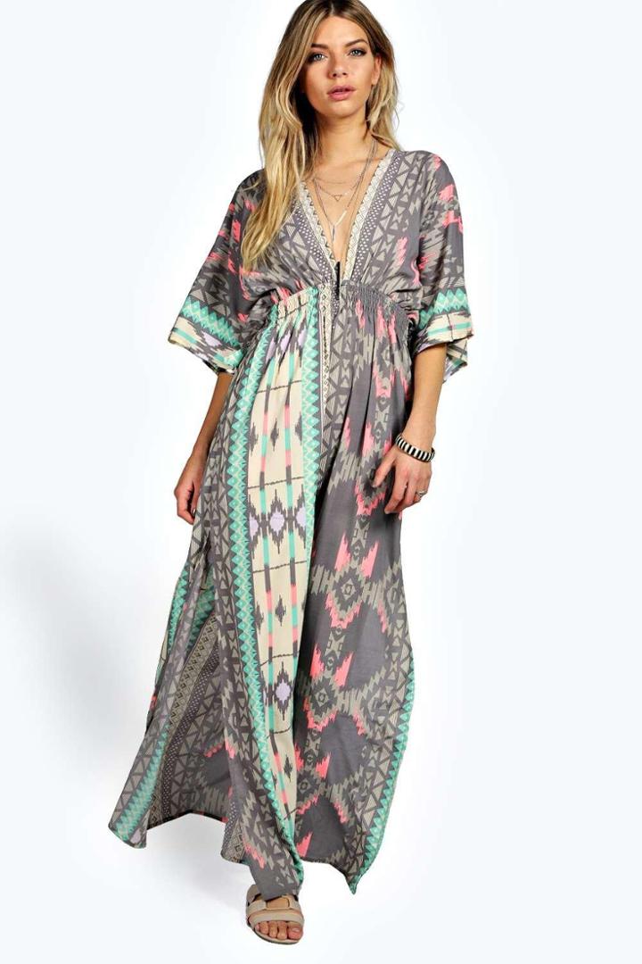 Boohoo Pasty Woven Kimono Sleeve Maxi Dress Grey