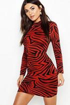 Boohoo Jersey Zebra Print Roll Neck Bodycon Dress