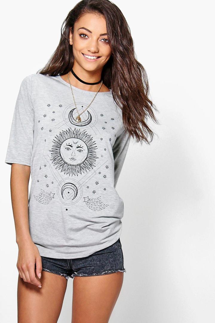Boohoo Tall Clarisa Zodiac Print 3/4 Sleeve Oversized Tee Grey