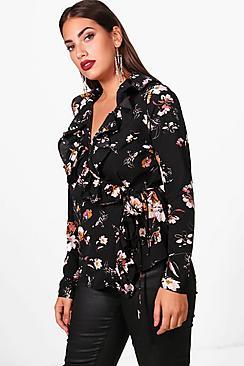 Boohoo Plus Sally Ruffle Floral Wrap Top