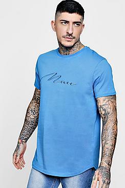 Boohoo Curved Hem Longline Man Embroidered T-shirt