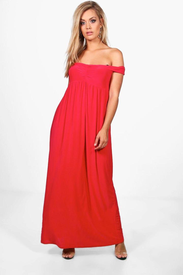 Boohoo Plus Melinda Off The Shoulder Slinky Maxi Dress Red