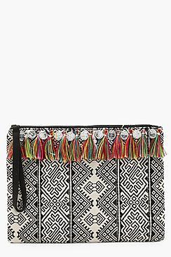 Boohoo Hannah Multi Tassel And Coin Woven Clutch